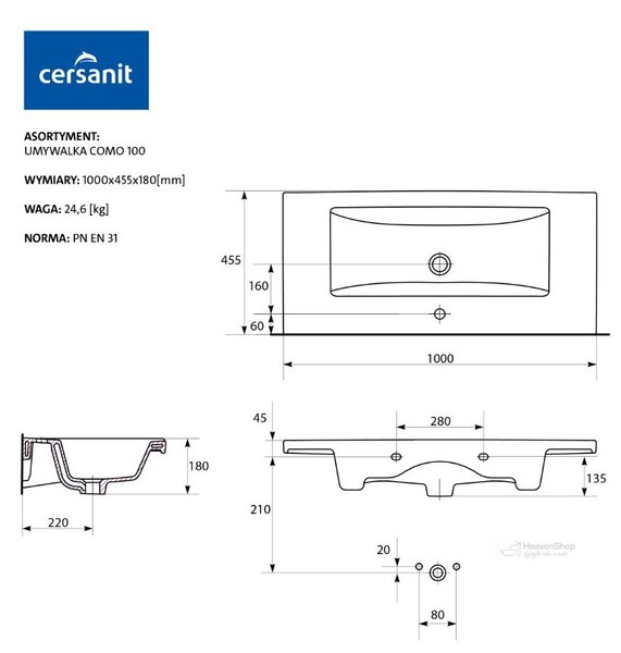 Cersanit Tirso, fali mosdószekrény 994x447x572 mm + kerámia mosdó, matt bézs, S801-548