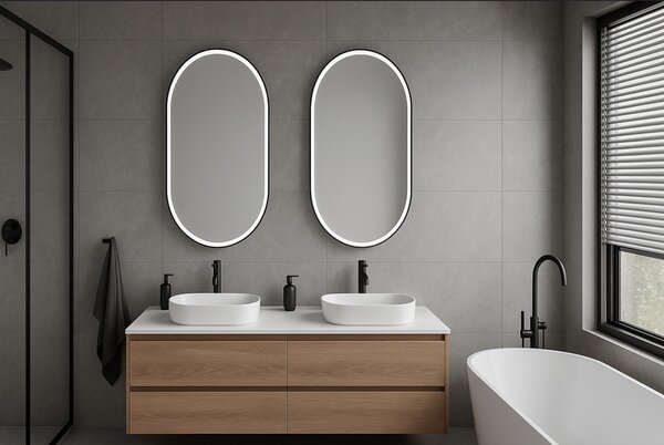 Erga Gwen, ovális LED tükör 60x80cm fekete fém keretben, 3 világos szín, elülső világítás, páramentes fűtőpárna, ERG-V01-GWEN-6080-BK