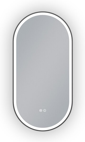 Erga Gwen, ovális LED tükör 50x100cm fekete fém keretben, 3 világos szín, elülső világítás, páramentes fűtőpárna, ERG-V01-GWEN-5010-BK