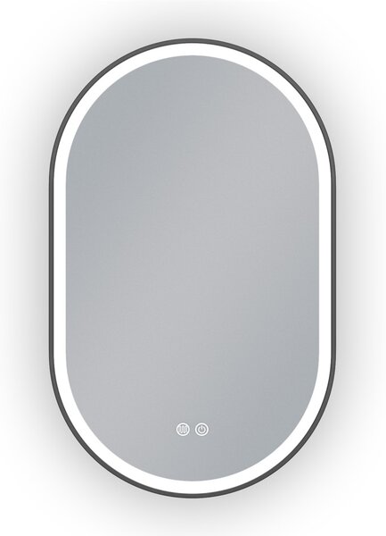Erga Gwen, ovális LED tükör 50x80cm fekete fém keretben, 3 világos szín, elülső világítás, páramentes fűtőpárna, ERG-V01-GWEN-5080-BK