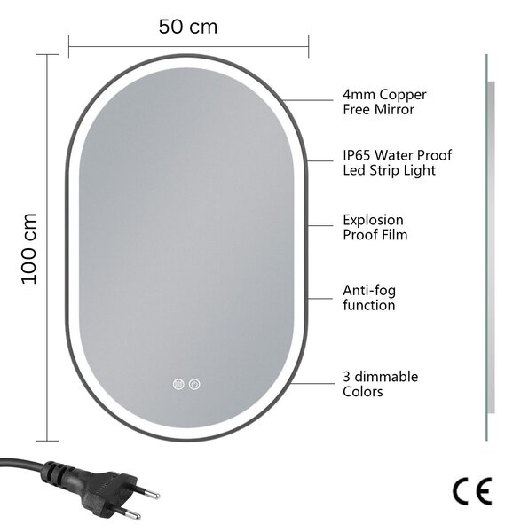 Erga Gwen, ovális LED tükör 50x100cm fekete fém keretben, 3 világos szín, elülső világítás, páramentes fűtőpárna, ERG-V01-GWEN-5010-BK