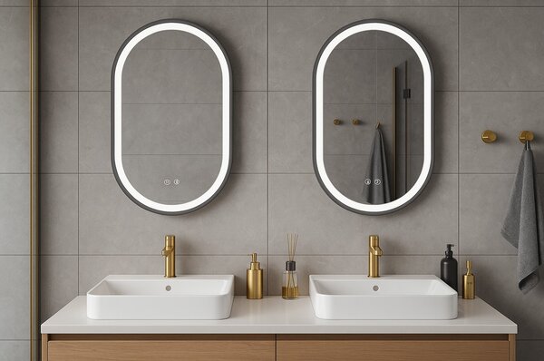 Erga Gwen, ovális LED tükör 60x80cm fekete fém keretben, 3 világos szín, elülső világítás, páramentes fűtőpárna, ERG-V01-GWEN-6080-BK
