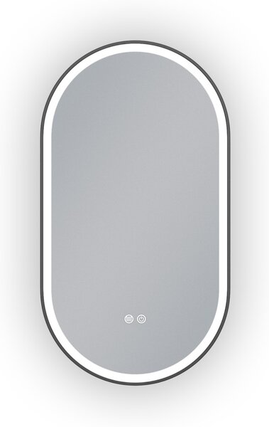 Erga Gwen, ovális LED tükör 50x90cm fekete fém keretben, 3 világos szín, elülső világítás, páramentes fűtőpárna, ERG-V01-GWEN-5090-BK