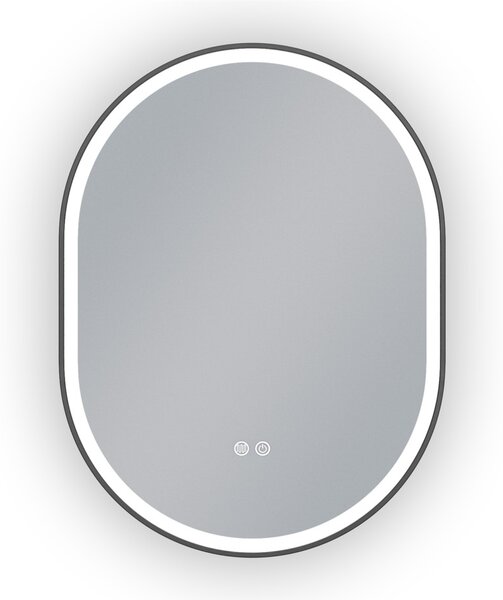Erga Gwen, ovális LED tükör 60x80cm fekete fém keretben, 3 világos szín, elülső világítás, páramentes fűtőpárna, ERG-V01-GWEN-6080-BK