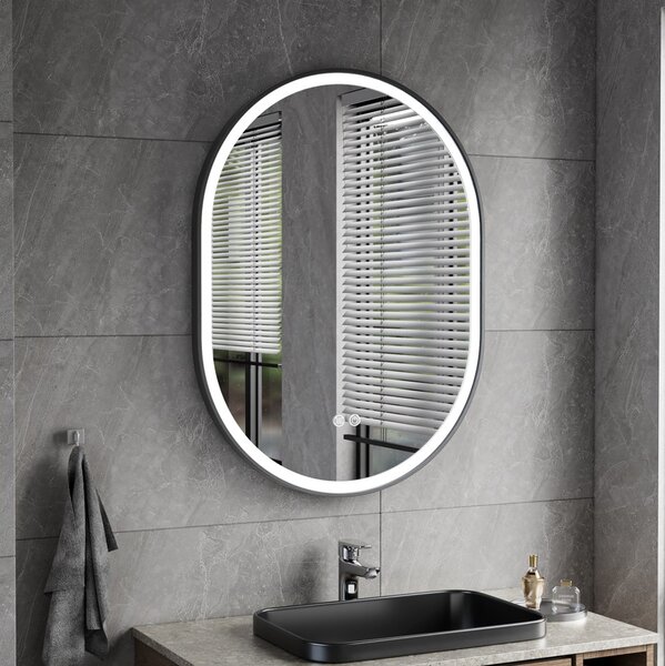 Erga Gwen, ovális LED tükör 60x80cm fekete fém keretben, 3 világos szín, elülső világítás, páramentes fűtőpárna, ERG-V01-GWEN-6080-BK