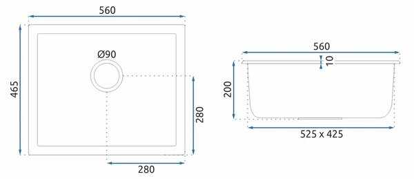 Rea Nels, 1 rekeszes gránit mosogató 560x465x200mm, fekete, ZLE-00109