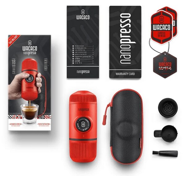 Wacaco Nanopresso hordozható kávéfőző őrölt kávéhoz, Láva vörös + kemény védőtok