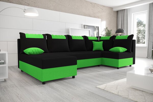 SANVI kinyitható U-alakú sarok ülőgarnitúra - zöld / fekete, jobbos