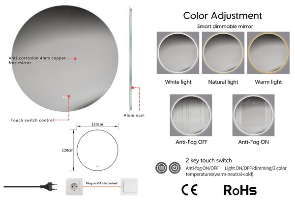 Erga Sofia, kerek LED tükör 120 cm, 2760 lm, 3 fényszín, ERG-V01-207-1212