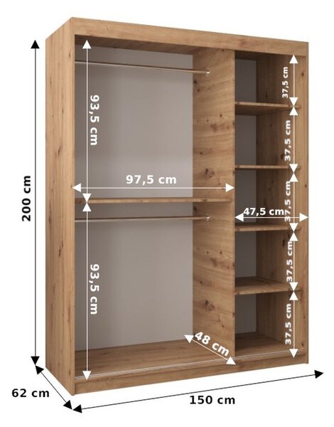 Tolóajtós gardróbszekrény 150 cm széles TIMEA 1 - artisan tölgy / fekete