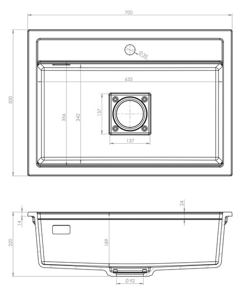 Gamma Quadro 7050, 1 rekeszes gránit mosogató 700x500x220 mm, fekete, GMA-ZLE000237