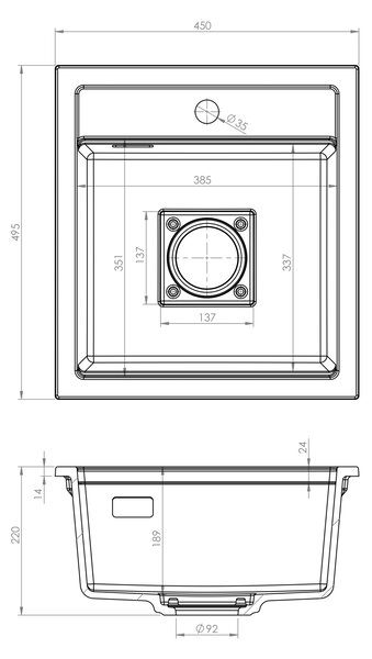 Gamma Quadro 4550, 1 rekeszes gránit mosogató 450x495x220 mm, fehér, GMA-ZLE000220