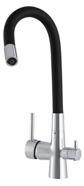 Gamma Flex, háromutas mosogatócsaptelep flexibilis karral, vízszűrő csatlakozóval, matt króm-fekete, GMA-BFXF-CH