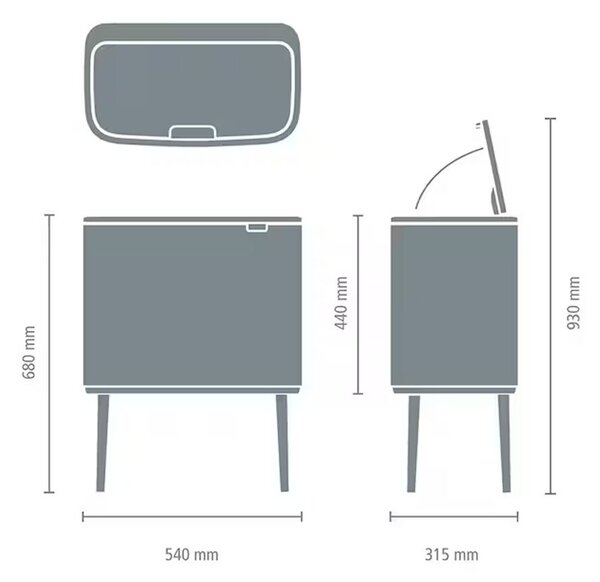 Brabantia Bo Touch Bin nyomófedeles hulladékgyűjtő, magasított, lábakon álló, műanyag tartály, 36L - R méret, acél, magabiztos szürke - 233562