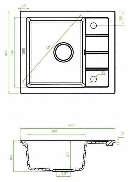 Laveo Trzynastka, 1 rekeszes gránit mosogató 570x495x185 mm, fekete, LAV-SBP_713B