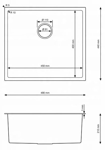Erga HD, 1 rekeszes acél mosogató 490x440x210 mm, grafit, ERG-MLS-HD4944B