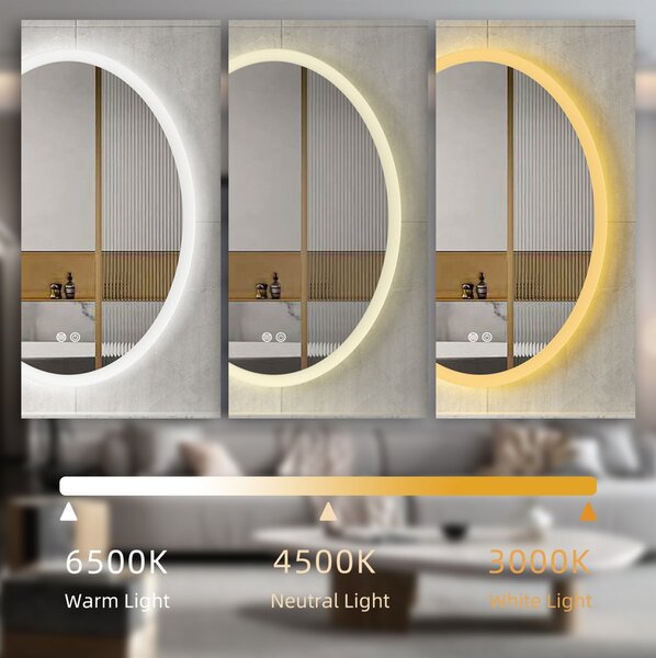 Erga Paola, ovális LED tükör 80x100cm, 2645 lm, 3 fényszín, első és hátsó világítás, ERG-V01-302-1080-00