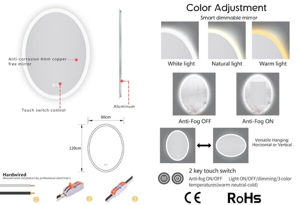 Erga Paola, ovális LED tükör 80x120cm, 2990 lm, 3 fényszín, első és hátsó világítás, ERG-V01-302-1280-00