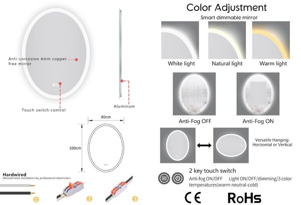 Erga Paola, ovális LED tükör 80x100cm, 2645 lm, 3 fényszín, első és hátsó világítás, ERG-V01-302-1080-00