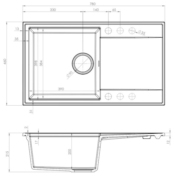 SINK Quality Quality Sink55 gránit mosogató, 780x460x215 mm + grafit szifon, bézs, SKQ-SINK.P.1KDOL.XB