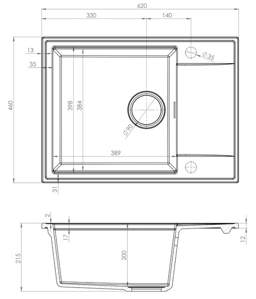 Sink Quality Sink55, gránit konyhai mosogató 620x460x215 mm, bézs, SKQ-SINK.P.1KKO