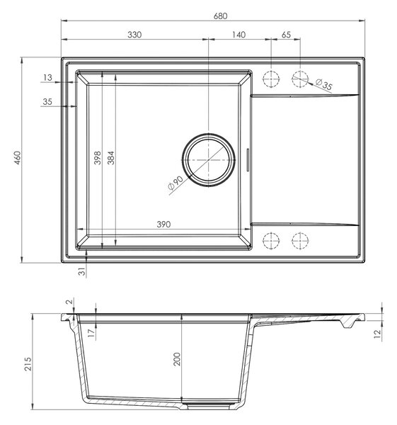 SINK Quality Quality Sink55 gránit mosogató, 680x460x215 mm + arany szifon, bézs, SKQ-SINK.P.1KDO.XG