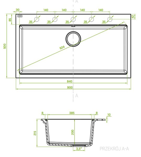 Laveo Tau, 1 rekeszes gránit mosogató 900x500x215 mm, fehér, LAV-SBT_B109