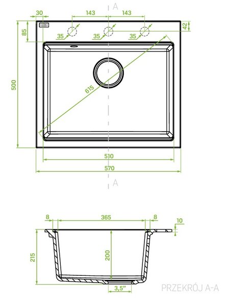 Laveo Tau, 1 rekeszes gránit mosogató 570x500x215 mm, fekete, LAV-SBT_710B