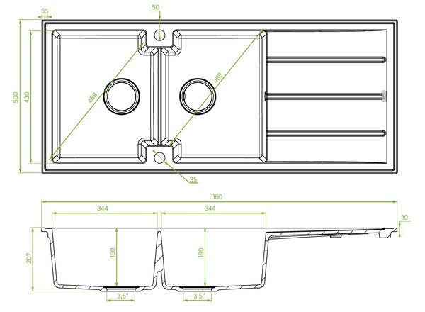 Laveo Canaria, 2 rekeszes gránit mosogató 1160x500x207 mm, fekete pettyes, LAV-SPC_721T