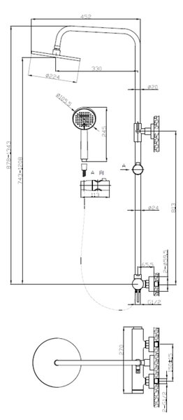Invena Kalitea, egykaros zuhanycsaptelep 22x22 cm-es esőztető zuhanyfejjel és kézi zuhanyfejjel, króm, INV-AU-72-001-V