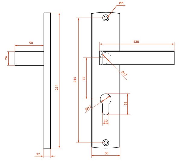 Kuchinox Auris, külső ajtókilincs hosszú szerelvényen, cilinderbetéthez, szatén króm, LAV-KZA_112A