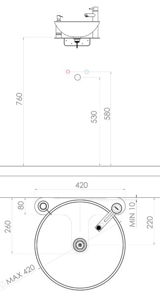 Sapho Tetris, fali, kerek mosdó, jobb oldali álló csaptelep tartóval, 415x140mm, fehér, TZ420-02