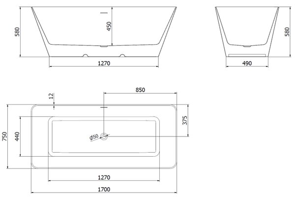 Mexen Velo Slim, szabadon álló kád 170 × 75 cm, fehér-fekete, 52811707575-SS