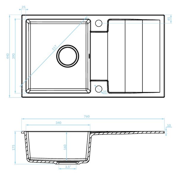 Kuchinox Rab, 1 rekeszes gránit mosogató 760x440x160 mm, fekete pettyes, LAV-SBF_711Y