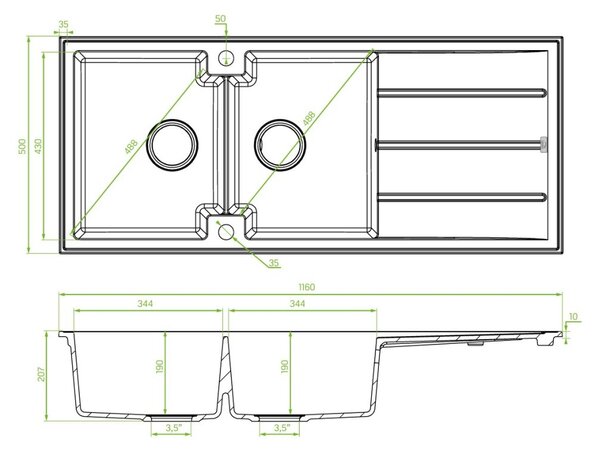 Kuchinox Laveo Canaria, 2 rekeszes gránit mosogató 1160x500x207 mm, bézs, LAV-SPC_421T