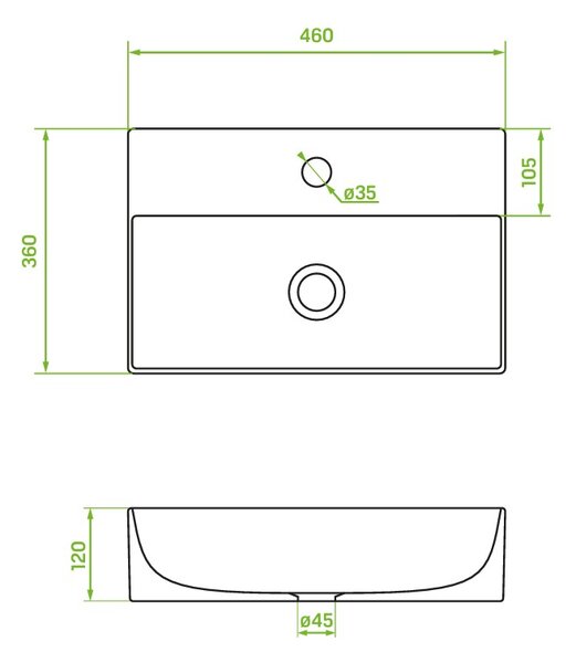 Laveo Kvadrato, kerámia pultra szerelhető vagy falra szerelhető mosdó 460×360×120 mm, fényes fehér, LAV-VUK_6146