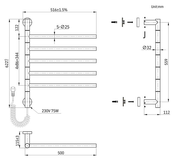 Gamma Awry, elektromos fürdőszobai radiátor forgókarokkal 516x622 mm, 75W, fekete, GMA-AWRY-622516-BK