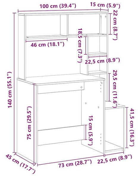 VidaXL sonoma tölgy szerelt fa íróasztal polcokkal 100x45x140 cm
