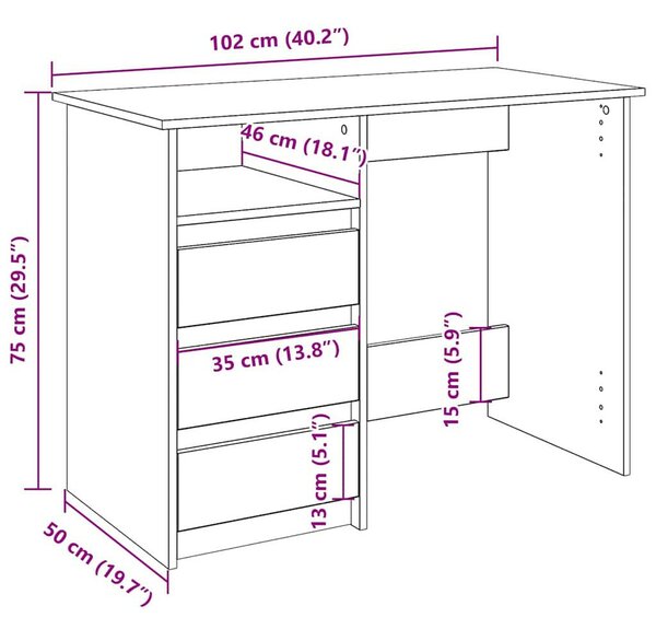 VidaXL fehér szerelt fa íróasztal 102 x 50 x 75 cm