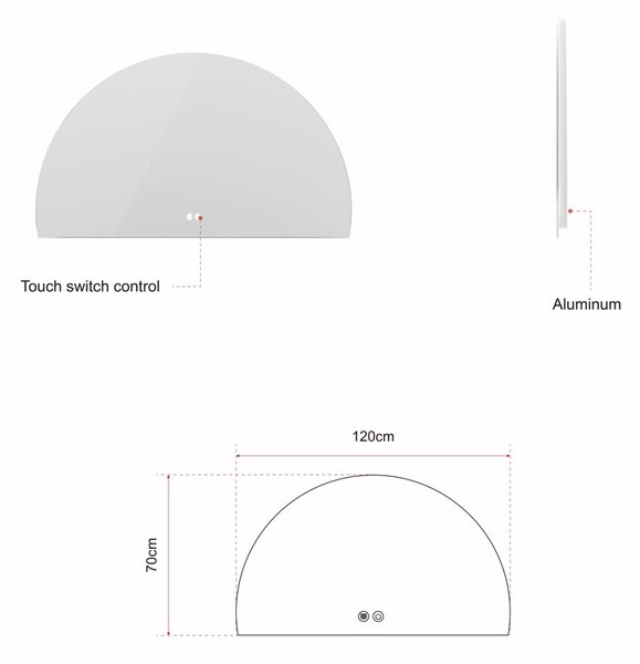 Erga Kori, félkör alakú LED tükör 70x120cm, 2760 lm, 3 világos szín, ERG-V01-KORI-7012-CL