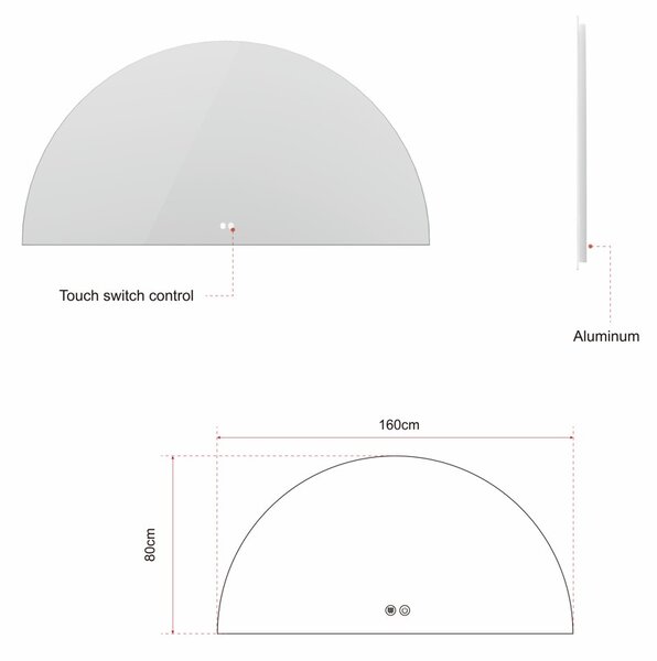 Erga Kori, félkör alakú LED tükör 80x160cm, 3220 lm, 3 fényszín, ERG-V01-KORI-8016-CL