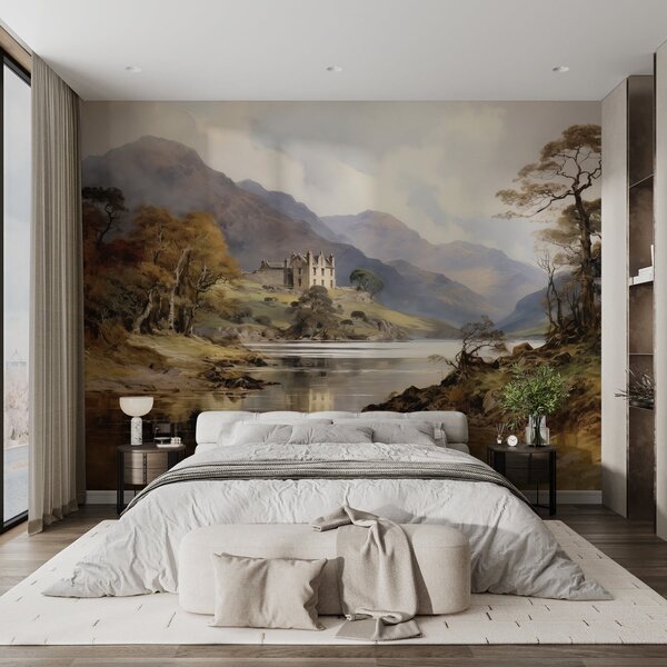 Fotótapéta Akvarell festmény egy kastély egy dombon, fákkal és hegyekkel, Természet fotótapéta, Népszerű fotótapéta, w02975 - Tapeko.hu