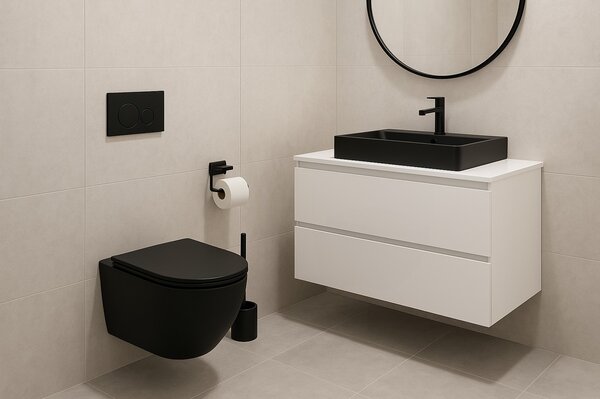 Erga Lily+, fali WC-csésze 490x370x365mm, Tornado 2 perem nélküli + lassú záródású WC-ülőke, matt fekete, ERG-V03-LILY-TO2-BK