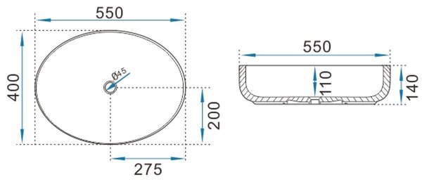Erga Oval, pultra szerelhető mosdó 550x400x140 mm, fényes fehér, ERG-V03-OVAL55-WH