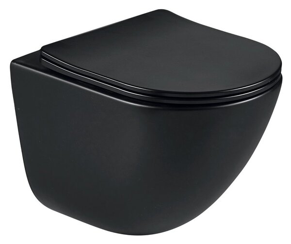 Erga Lily+, fali WC-csésze 490x370x365mm, Tornado 2 perem nélküli + lassú záródású WC-ülőke, matt fekete, ERG-V03-LILY-TO2-BK