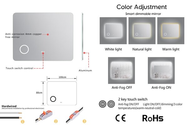 Erga Myra, LED tükör 100x80 cm kozmetikai tükörrel, 3x nagyítás, 4114 lm, 3 fényszín, háttérvilágítás, ERG-V01-MYRA-1080-00