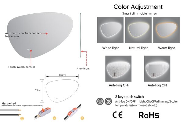 Erga Myra, LED tükör 140x80 cm kozmetikai tükörrel, 3x nagyítás, 5082 lm, 3 fényszín, háttérvilágítás, ERG-V01-MYRA-1480-00