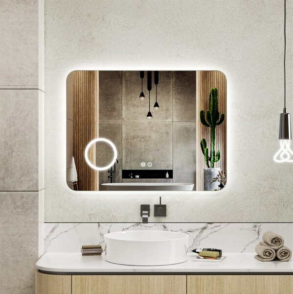 Erga Myra, LED tükör 80x60 cm kozmetikai tükörrel, 3x nagyítás, 3146 lm, 3 fényszín, háttérvilágítás, ERG-V01-MYRA-8060-00