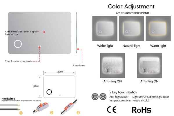 Erga Myra, LED tükör 120x80 cm kozmetikai tükörrel, 3x nagyítás, 4598 lm, 3 fényszín, háttérvilágítás, ERG-V01-MYRA-1280-00