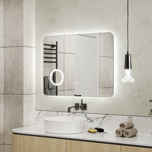 Erga Myra, LED tükör 80x60 cm kozmetikai tükörrel, 3x nagyítás, 3146 lm, 3 fényszín, háttérvilágítás, ERG-V01-MYRA-8060-00
